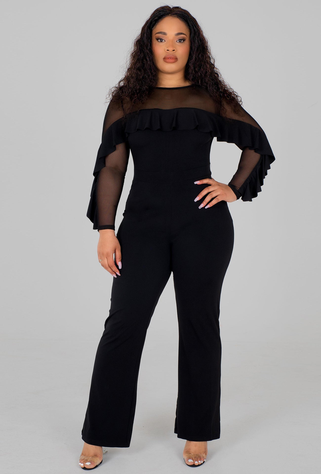 MESH PATCHWORK JUMPSUIT - BLACK
