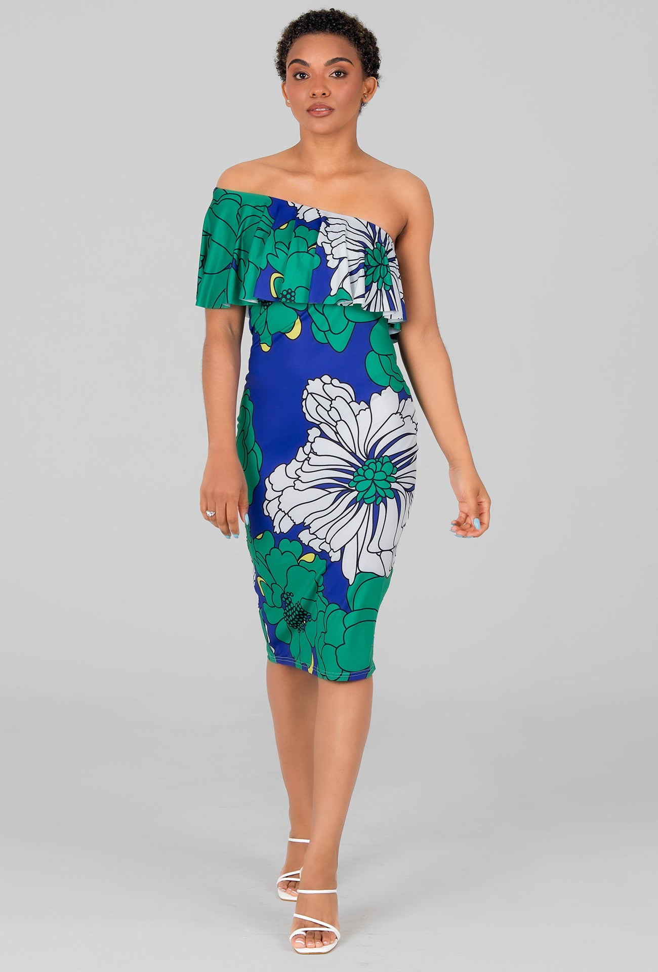 SINGLE SHOULDER FLORAL DRESS - GREEN