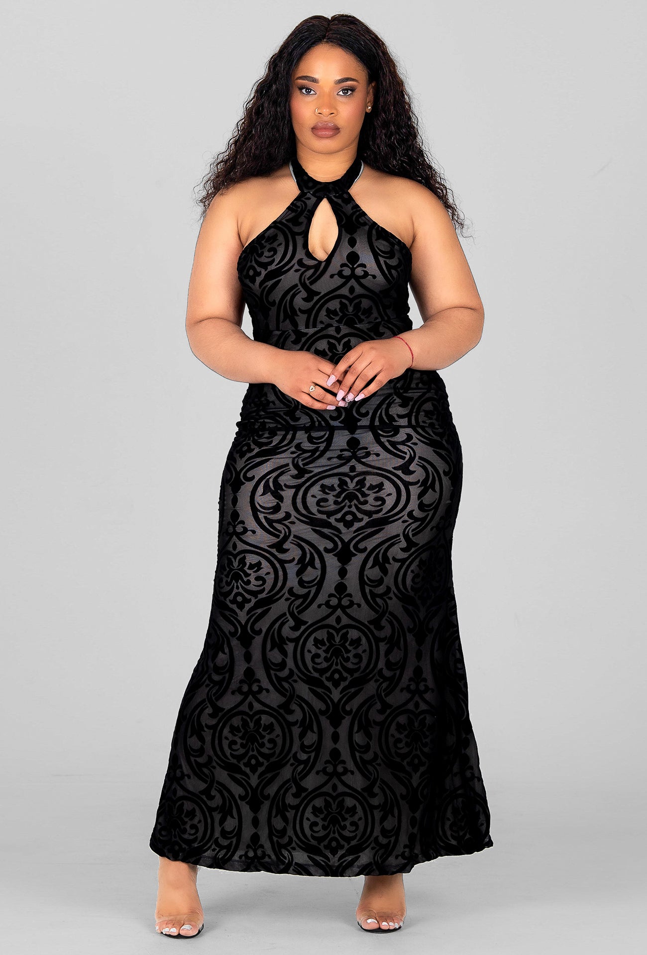 KEYHOLE NECKLINE MERMAID MAXI DRESS - BLACK
