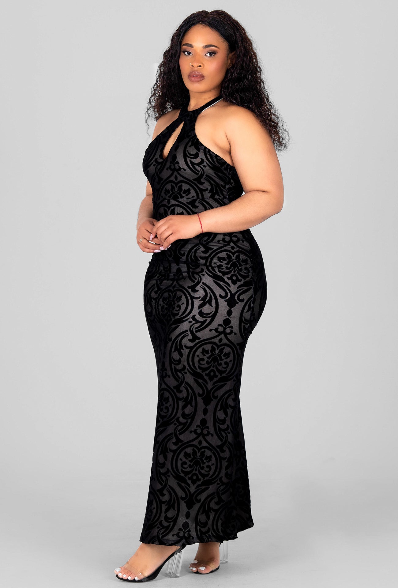 KEYHOLE NECKLINE MERMAID MAXI DRESS - BLACK