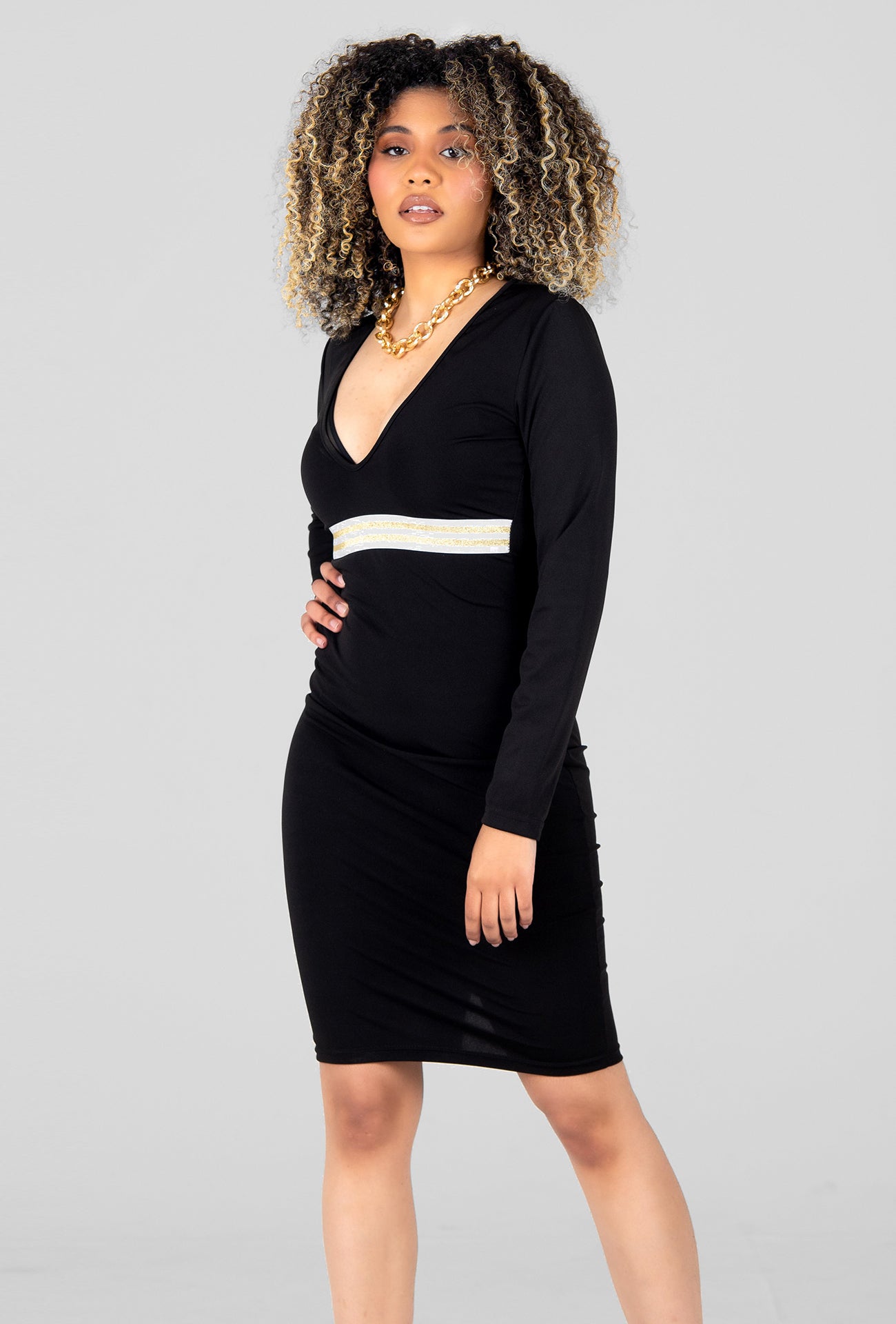SEQUINS BELT BODYCON MIDI DRESS - BLACK
