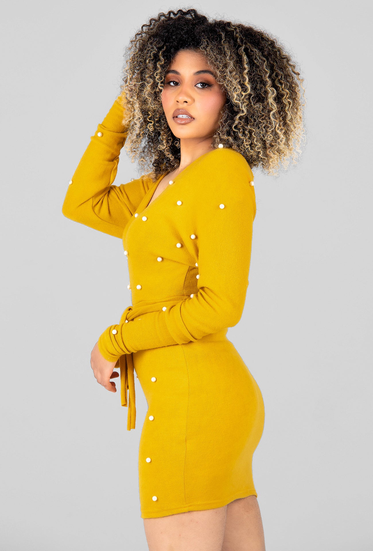 PEARL EMBELLISHED JUMPER DRESS - MUSTARD