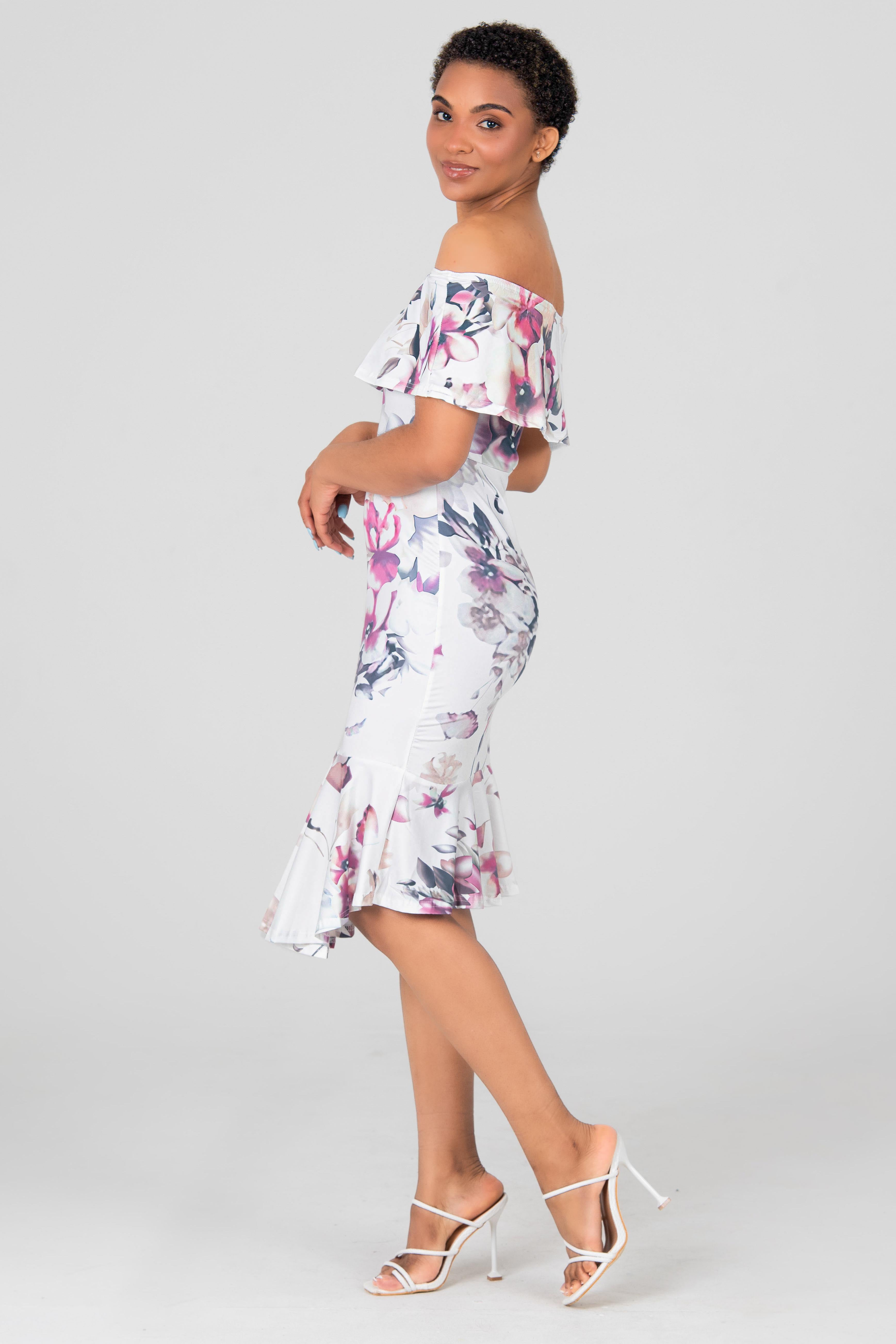 MERMAID FLORAL BARDOT DRESS - WHITE