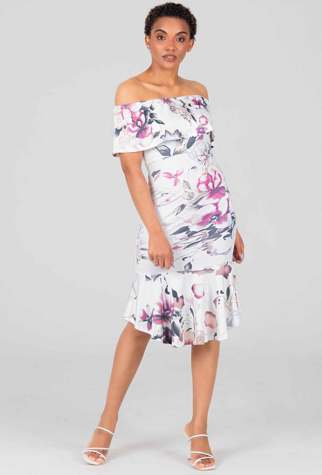 MERMAID FLORAL BARDOT DRESS - WHITE