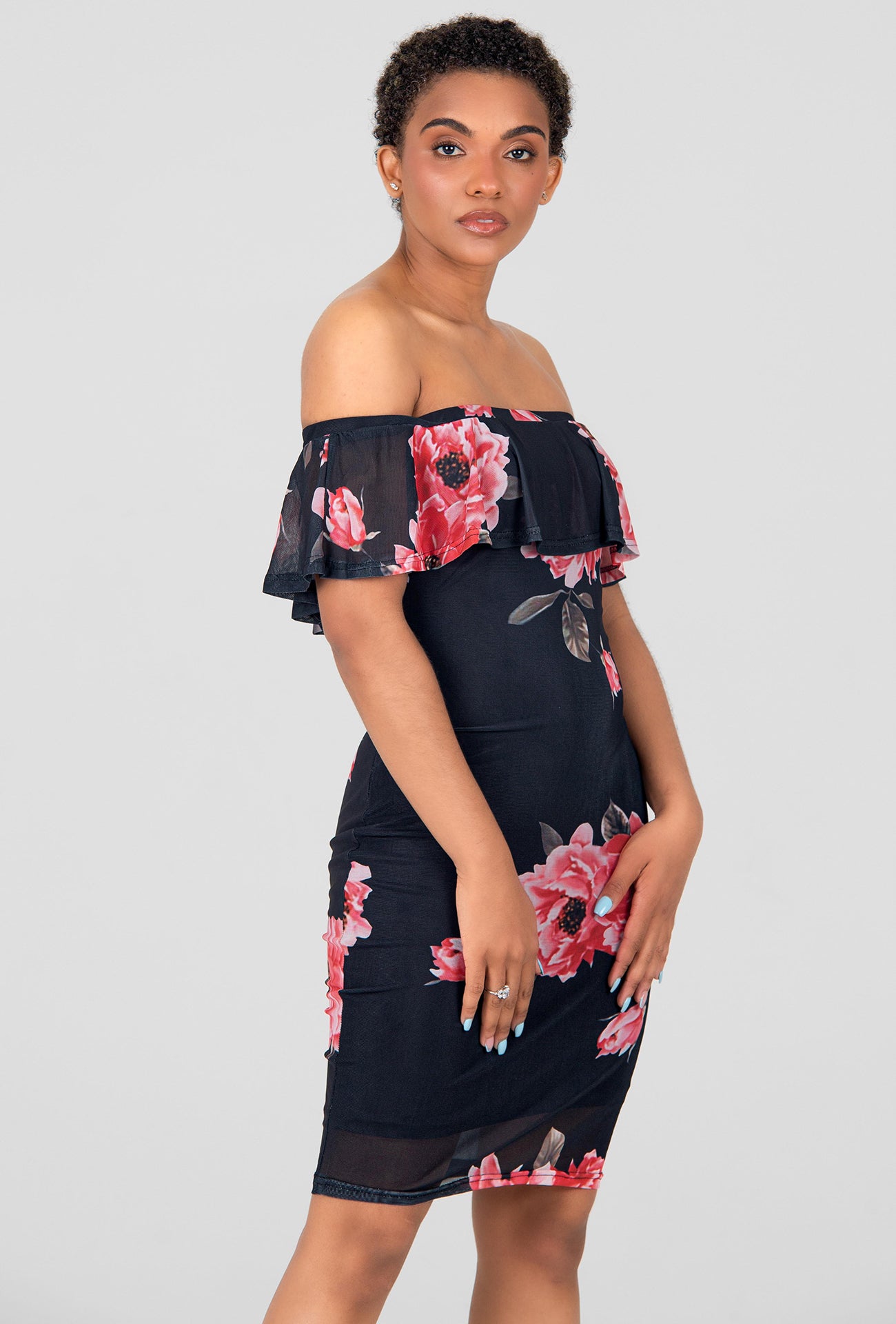 ROSA RUFFLE BARDOT DRESS - BLACK