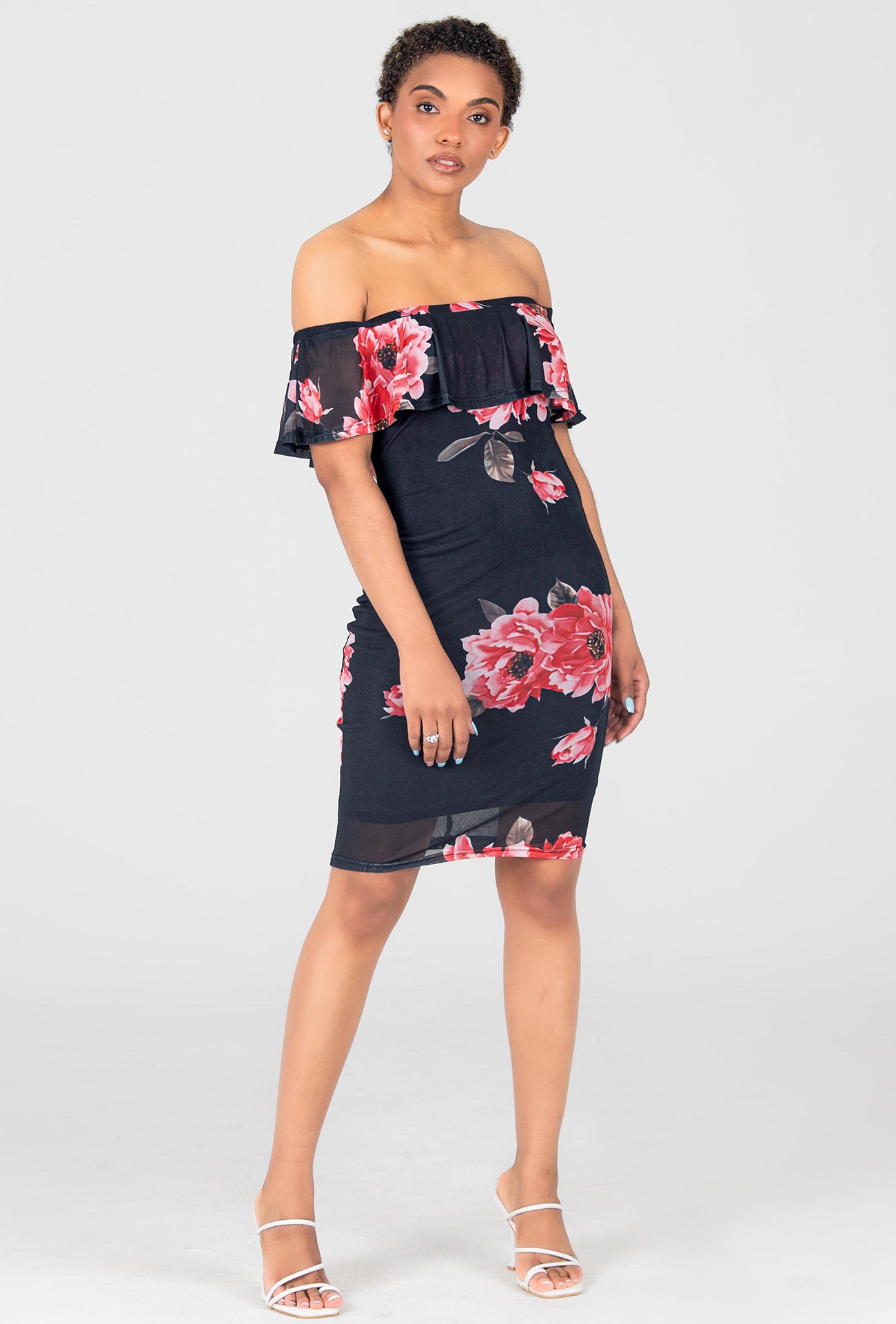 ROSA RUFFLE BARDOT DRESS - BLACK