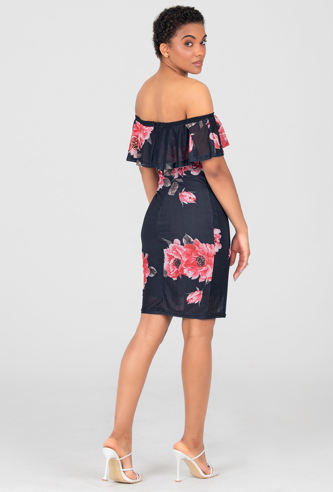 ROSA RUFFLE BARDOT DRESS - BLACK