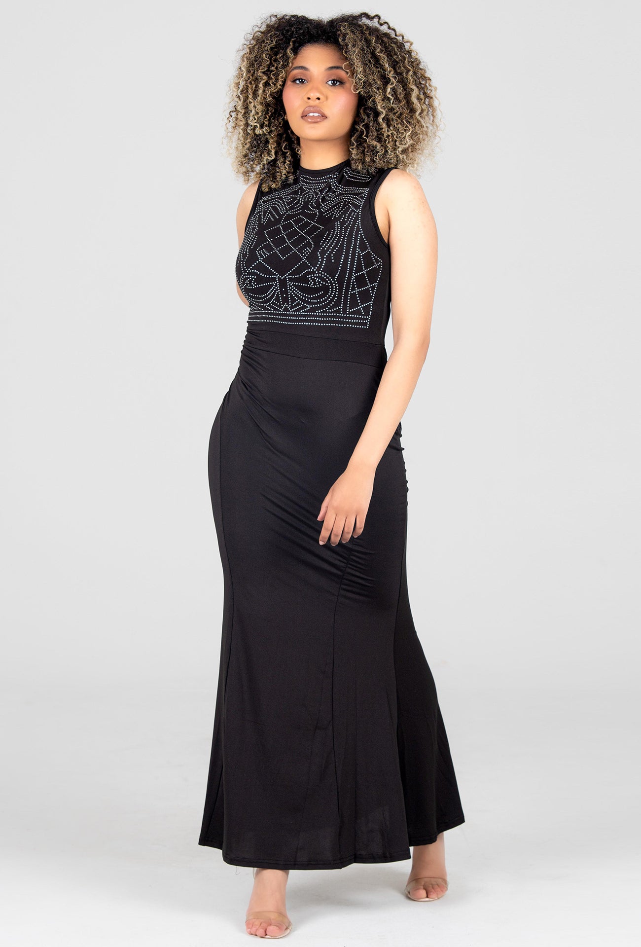RAVEN PEARL EMBELLISHED MAXI DRESS - BLACK