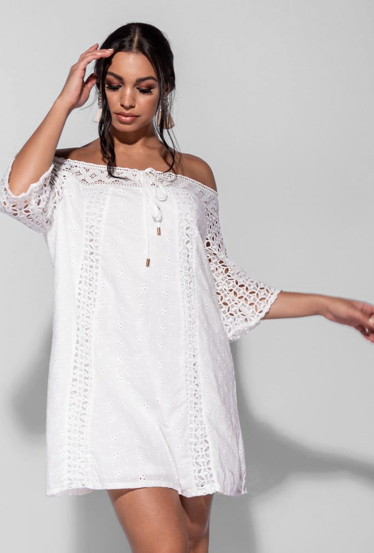 BARDOT LACE MIDI DRESS - WHITE