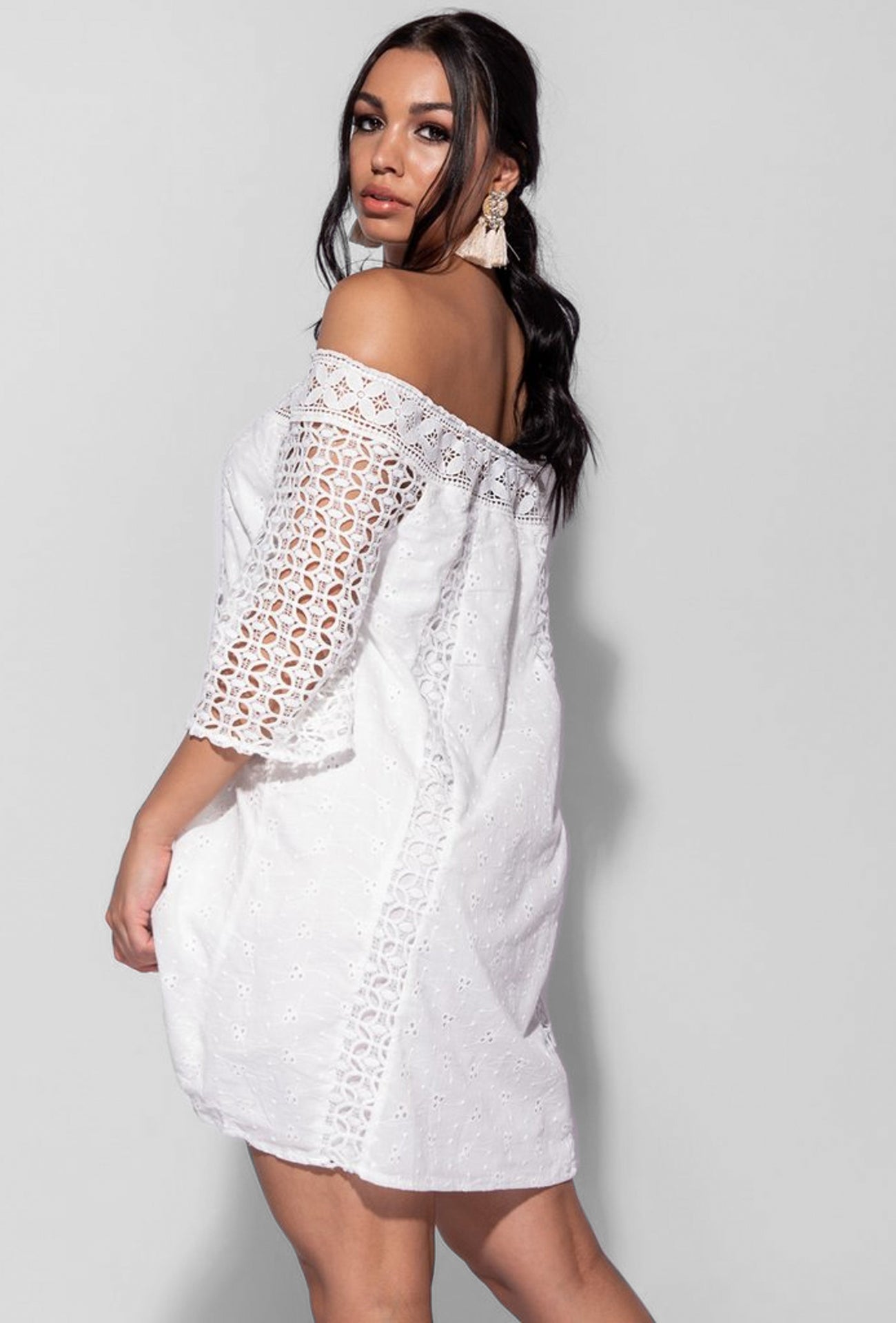BARDOT LACE MIDI DRESS - WHITE