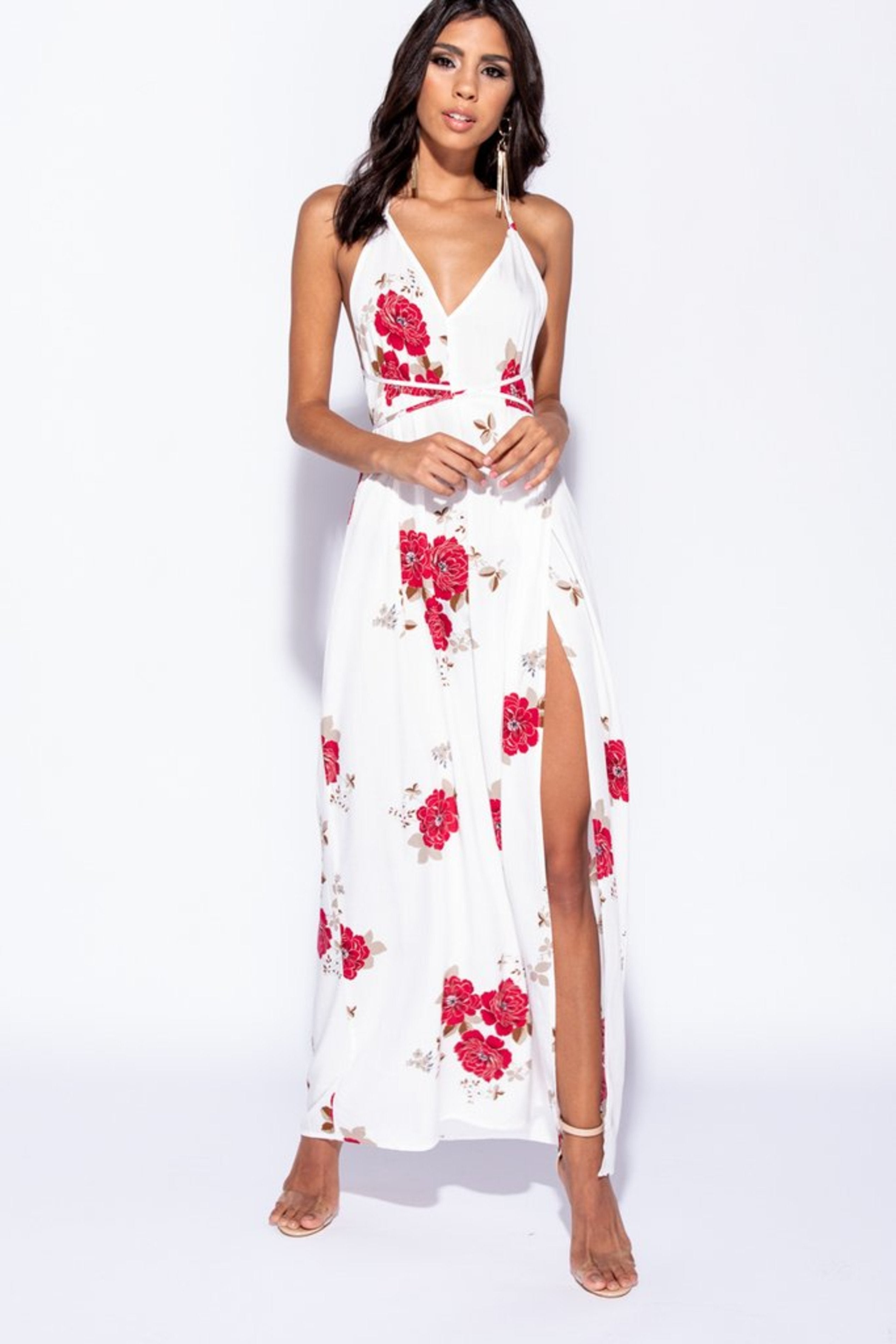 RED FLORAL SLIT MAXI DRESS - WHITE | Luna Soul 