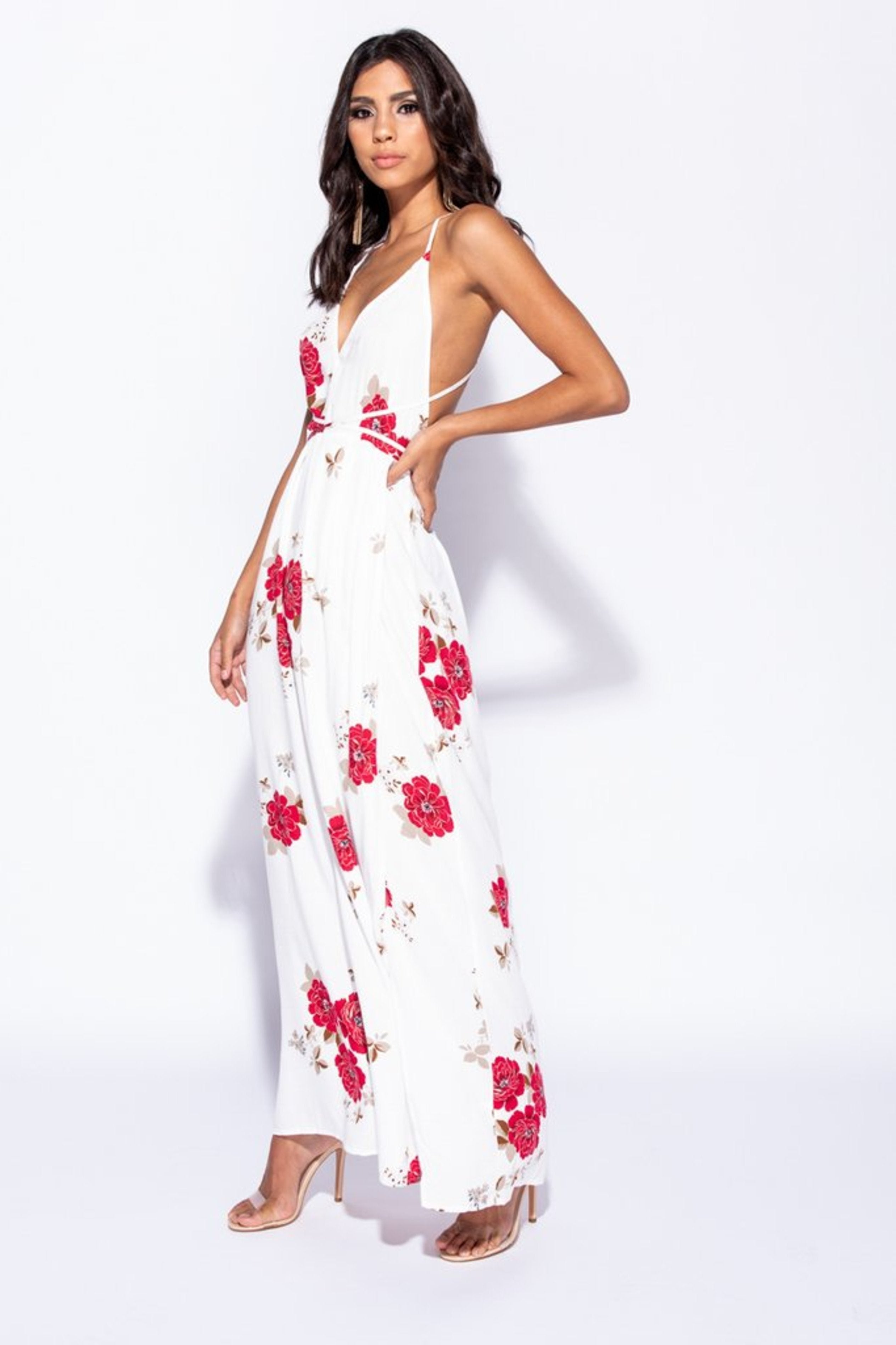 RED FLORAL SLIT MAXI DRESS - WHITE | Luna Soul 