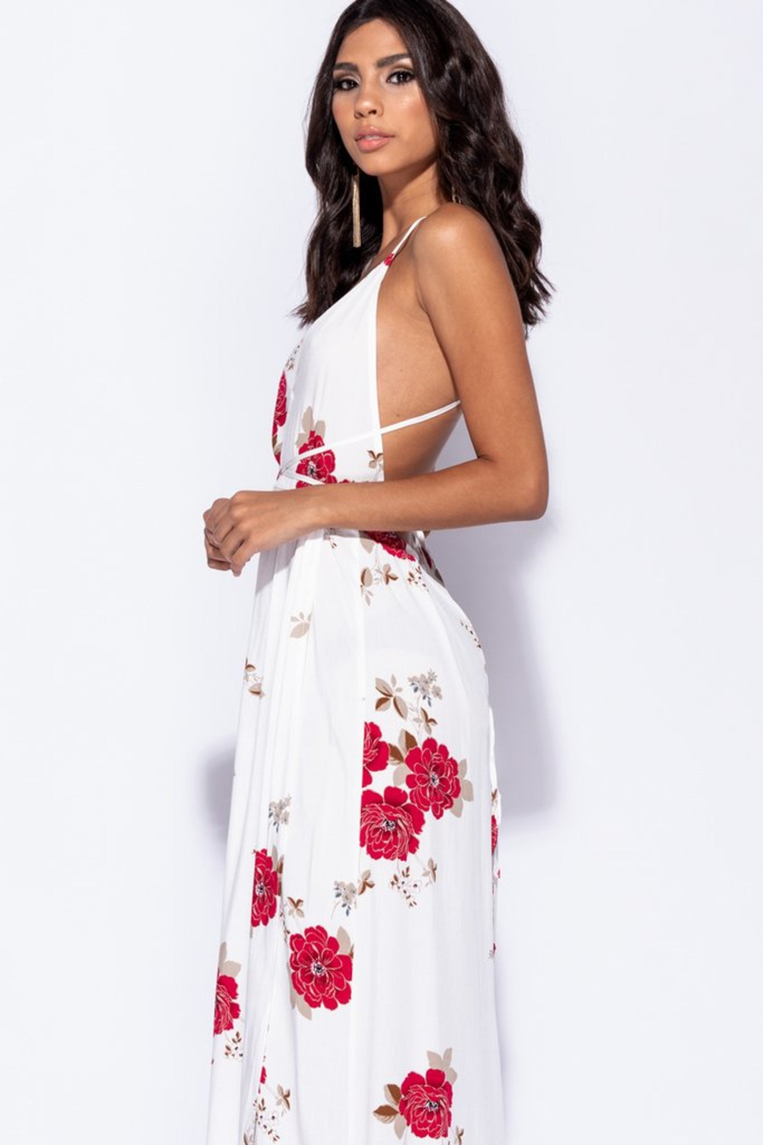 RED FLORAL SLIT MAXI DRESS - WHITE | Luna Soul 