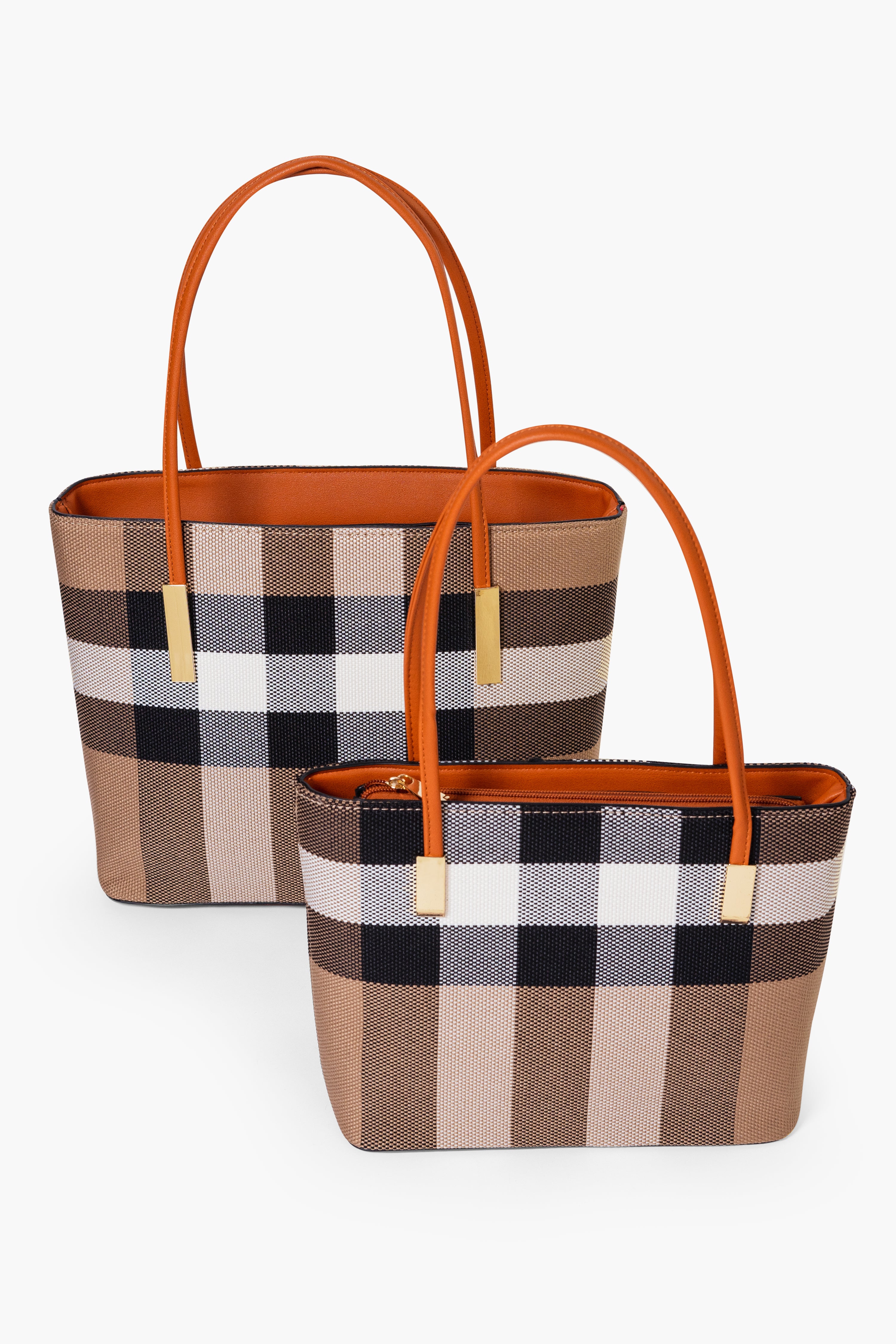 MADRA CHECK TOTE BAG SET - BROWN