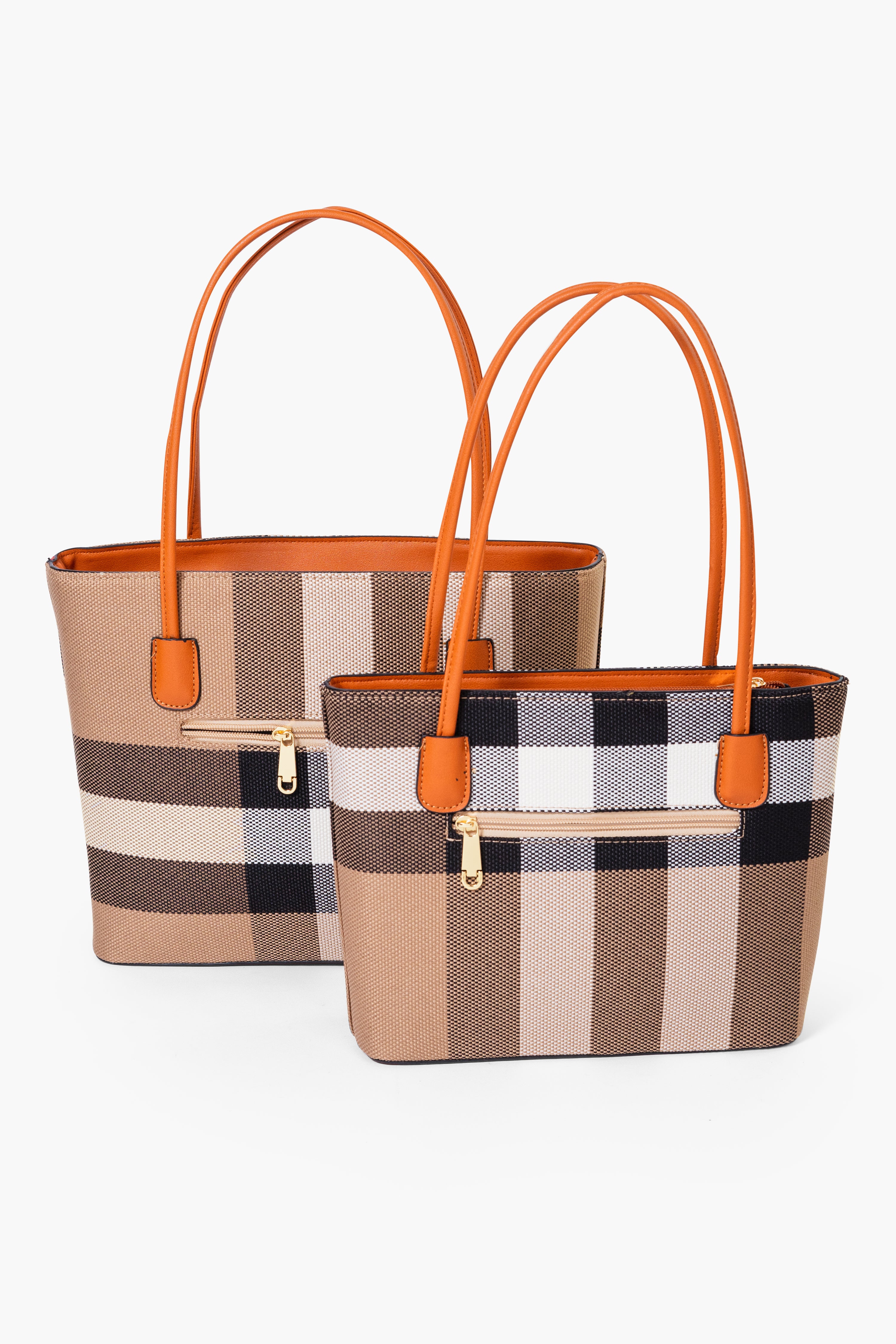 MADRA CHECK TOTE BAG SET - BROWN