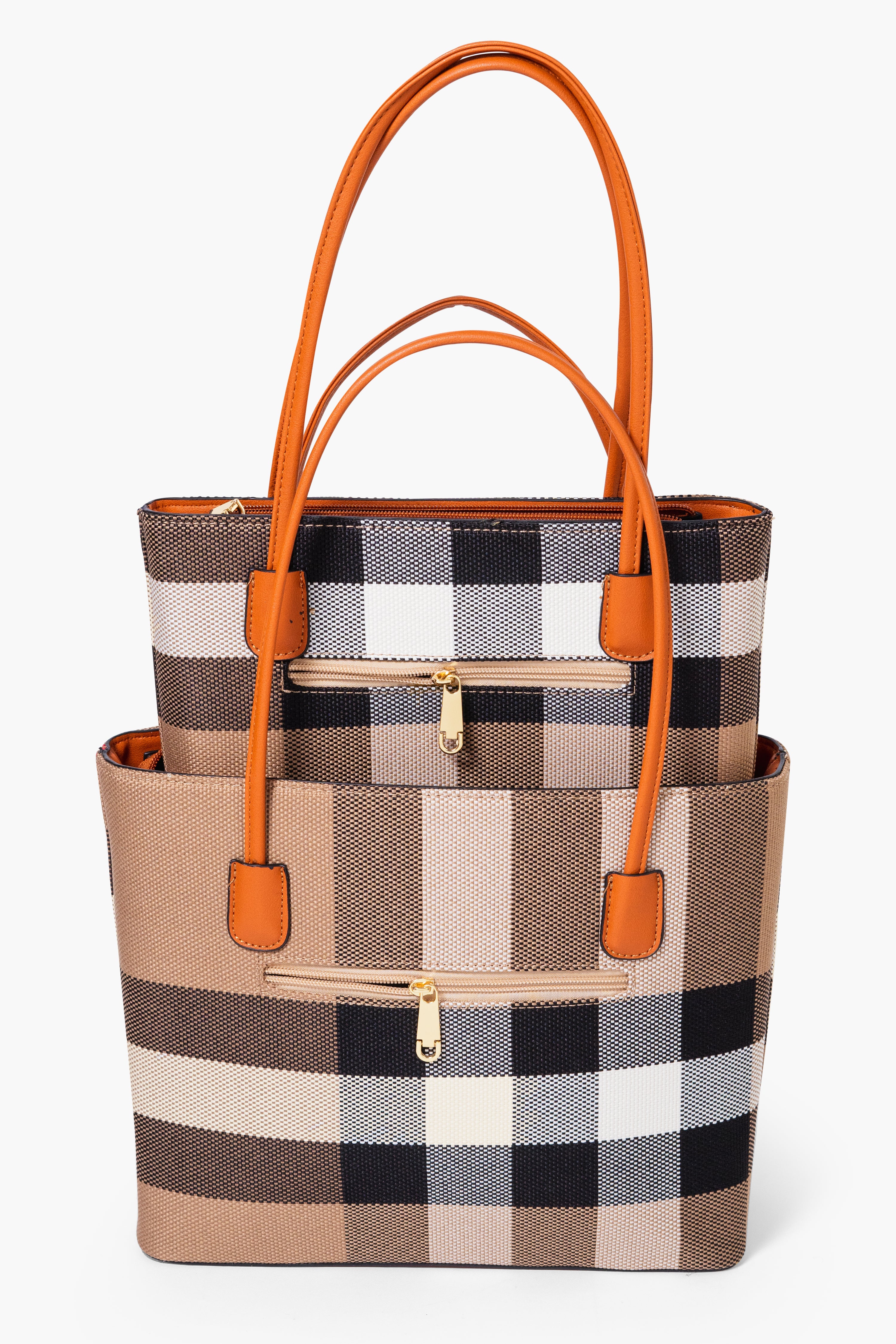 MADRA CHECK TOTE BAG SET - BROWN