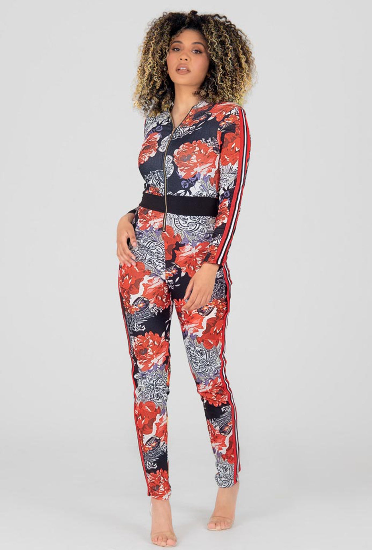 FLOWERET PRINT FRONT ZIP JUMPSUIT - RED