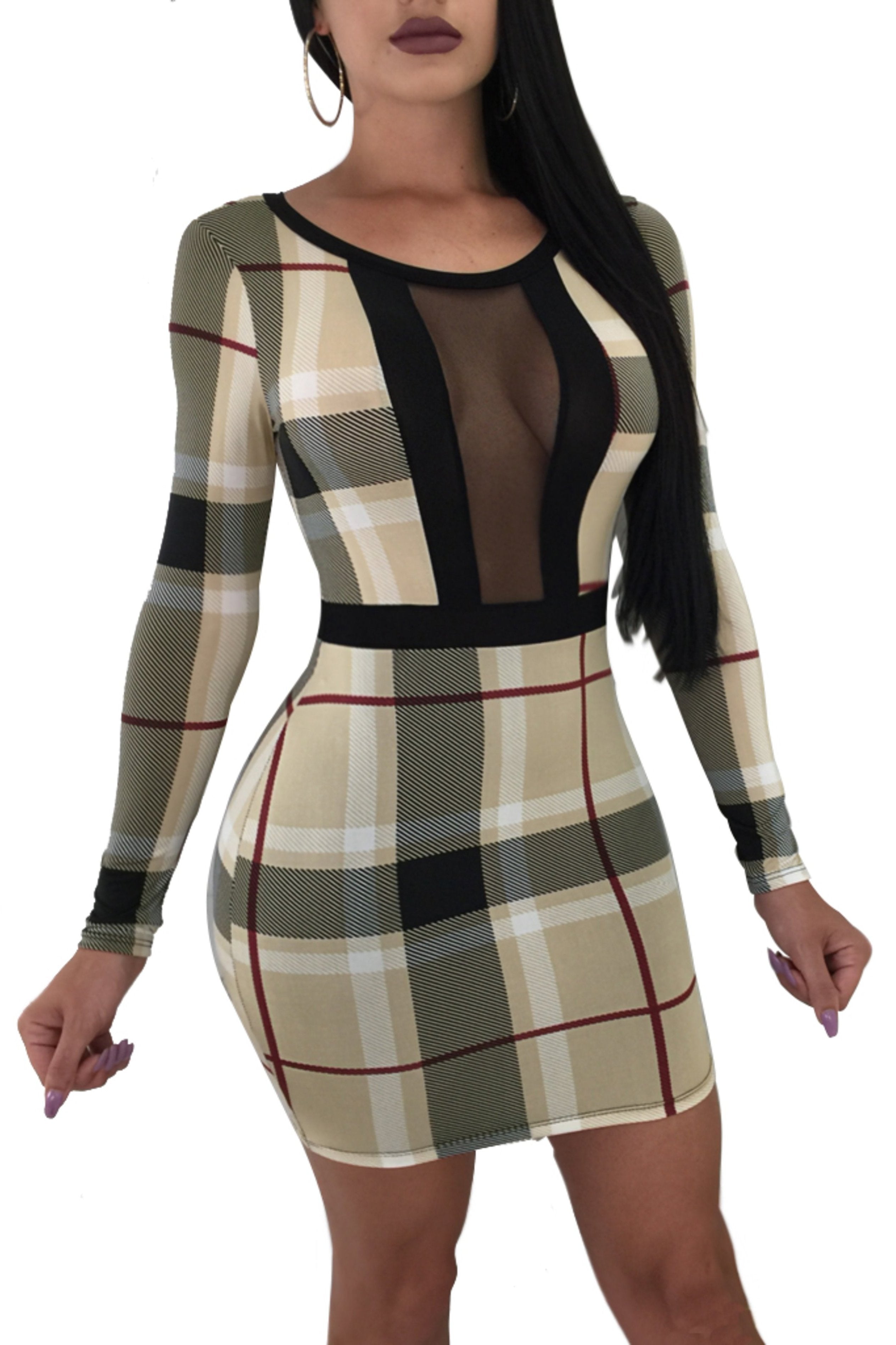 CHECK CREPE MESH DRESS - BEIGE | Luna Soul 