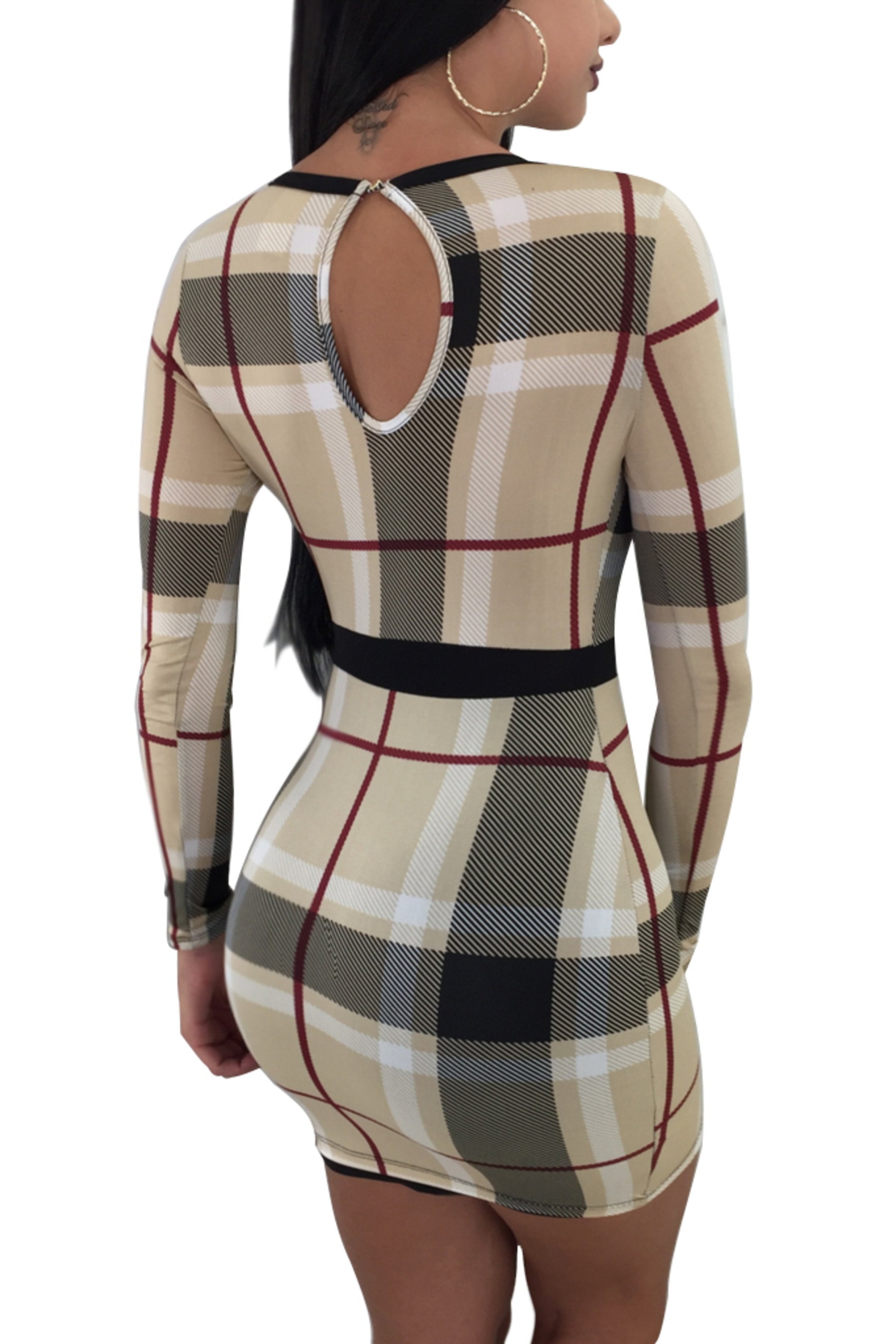 CHECK CREPE MESH DRESS - BEIGE | Luna Soul 