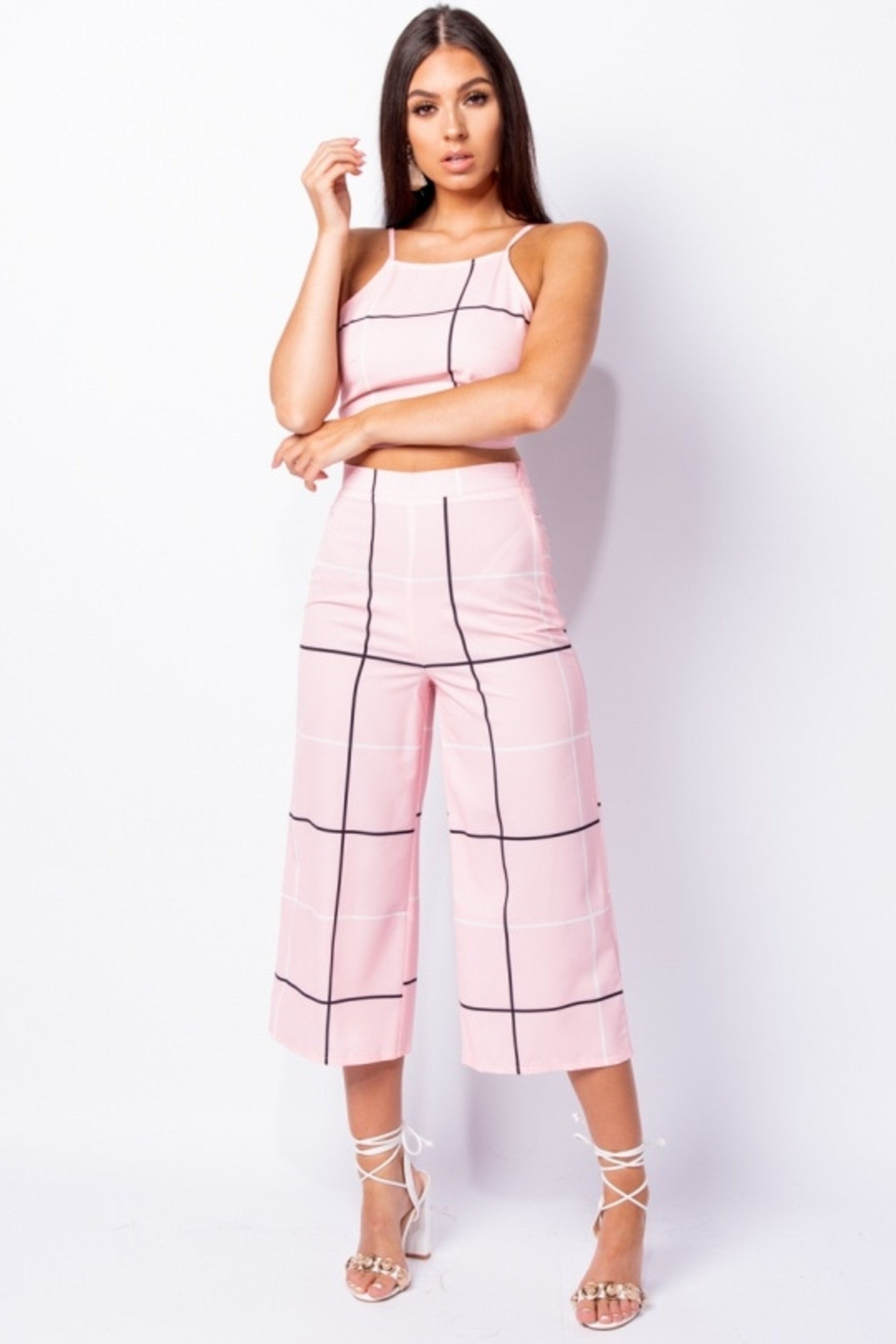 GRID CHECK PRINT TOP & TROUSERS SET - PINK | Luna Soul 