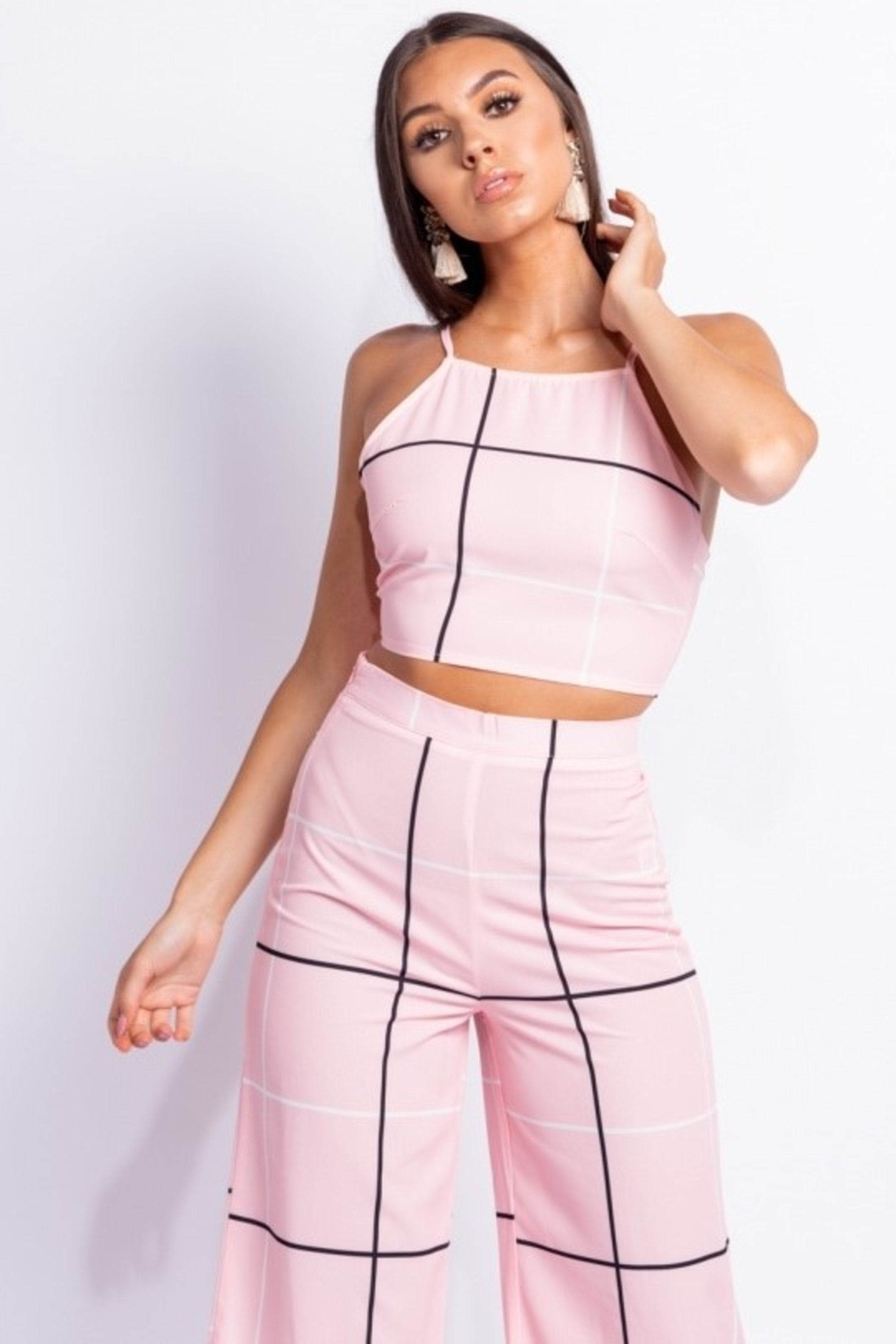 GRID CHECK PRINT TOP & TROUSERS SET - PINK | Luna Soul 