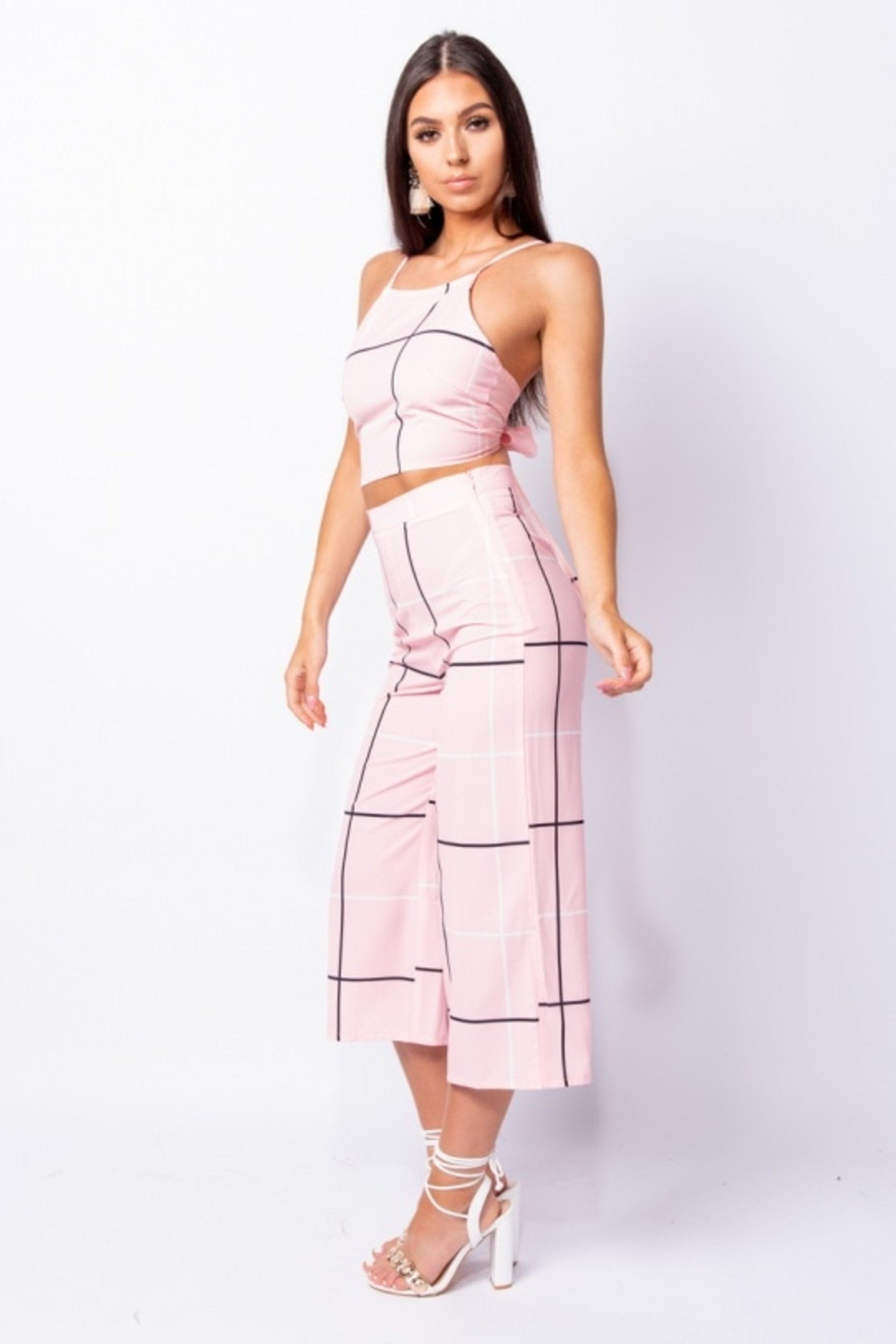 GRID CHECK PRINT TOP & TROUSERS SET - PINK | Luna Soul 