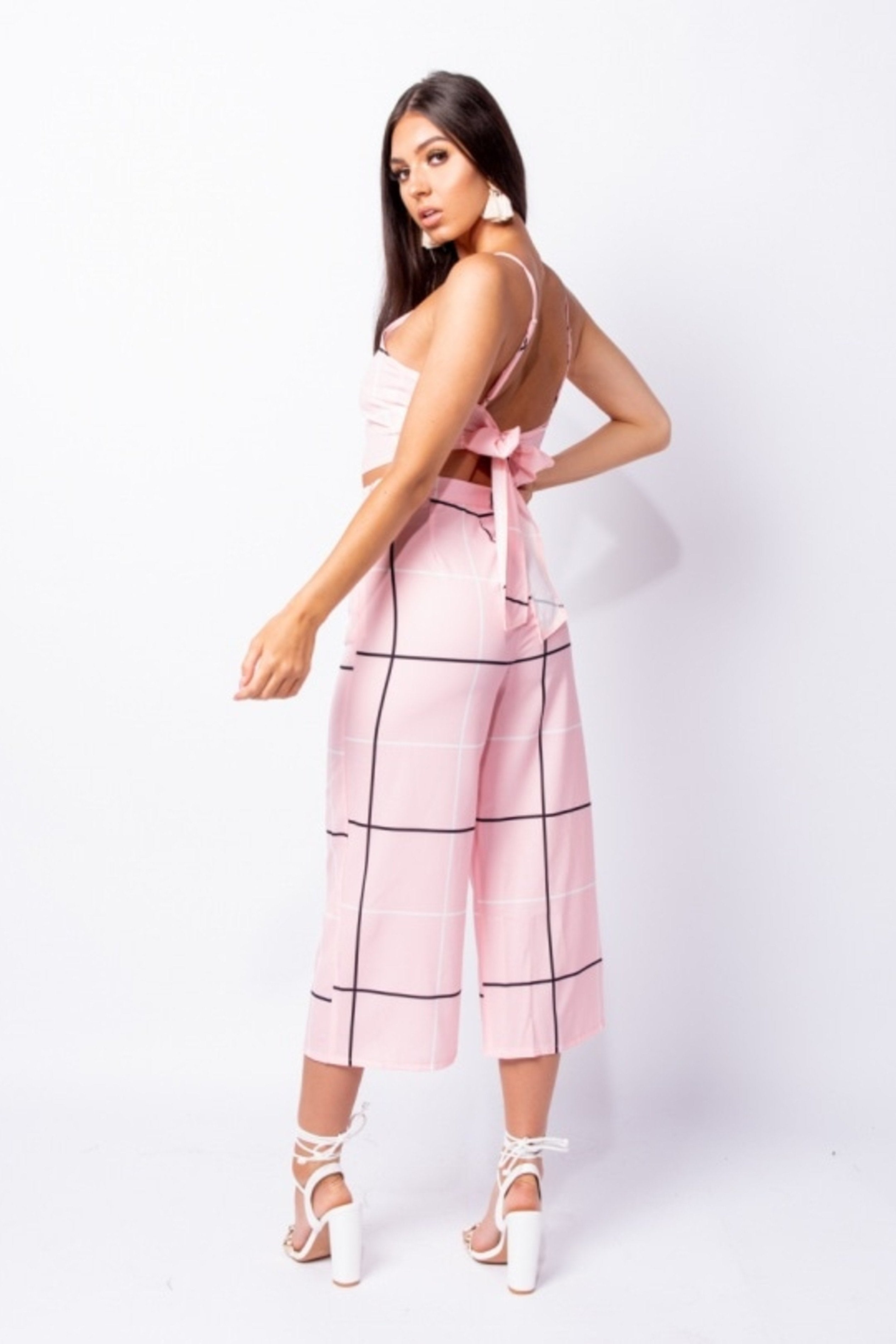 GRID CHECK PRINT TOP & TROUSERS SET - PINK | Luna Soul 