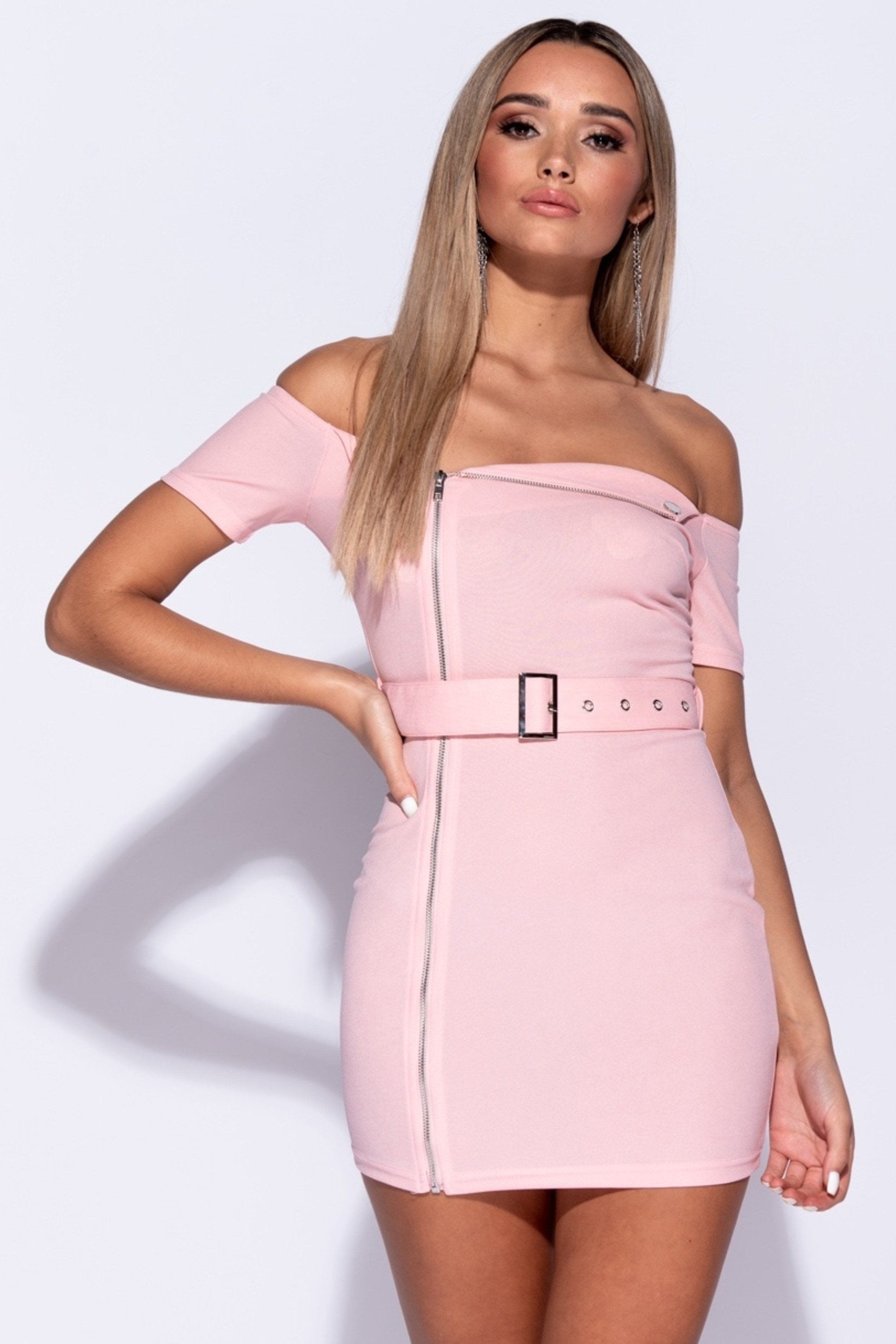 SELF BELT BARDOT DRESS - PINK | Luna Soul 
